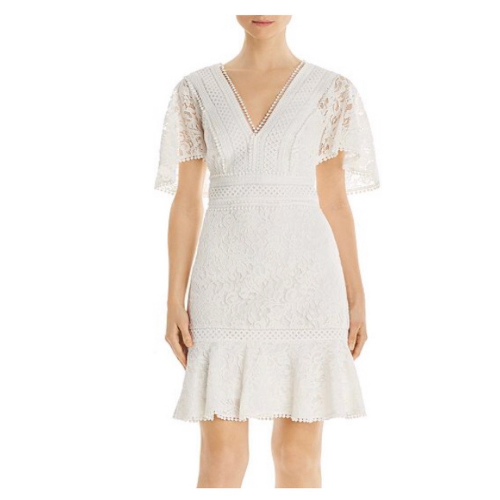 Eliza J Ivory Flounce Lace V-Neck Ruffle Dress